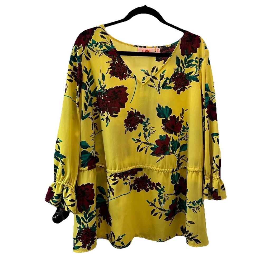 Evri Yellow Red Green Floral Drawstring Cinch Waist V Neck Top Womens Size 2X